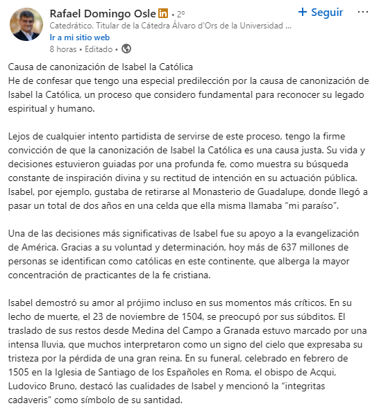 Publicación sobre la causa de canonización de Isabel la Católica