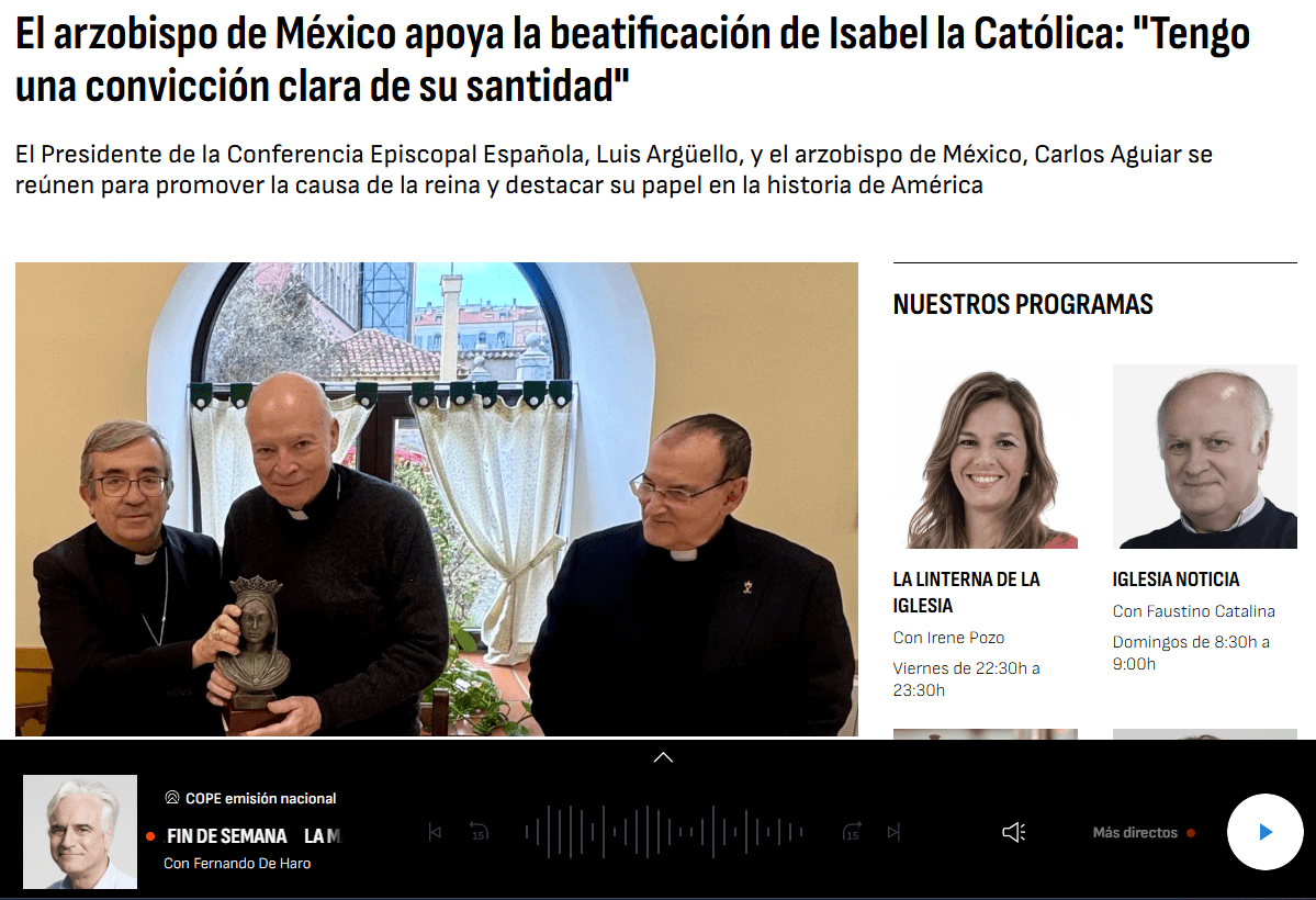 COPE: El arzobispo de México apoya la beatificación de Isabel la Católica